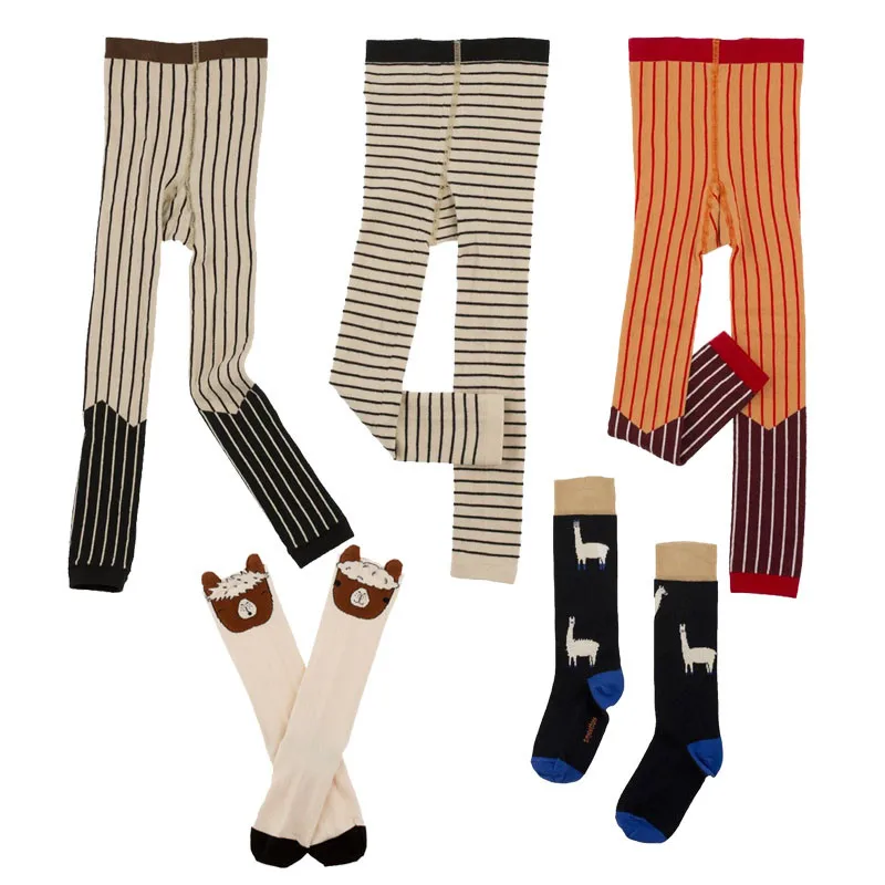 

2019 Autumn New Tiny Cotton Alpaca Striped Pattern Infant Baby Kids Tights Long Stockings 100% Cotton Toddler Girls Long Tights