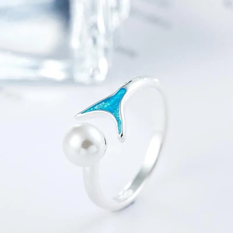 

National Style Personality Exquisite Temperament 925 Sterling Silver Jewelry Blue Epoxy Tail Fish Pearl Opening Rings SR127