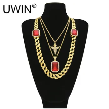 

UWIN Men's Hip hop Jewelry Set 30" 2 Gem Cuban Chain Iced Out Rhinestone Angel With Square Red Crystal Pendant Necklace 3 Set