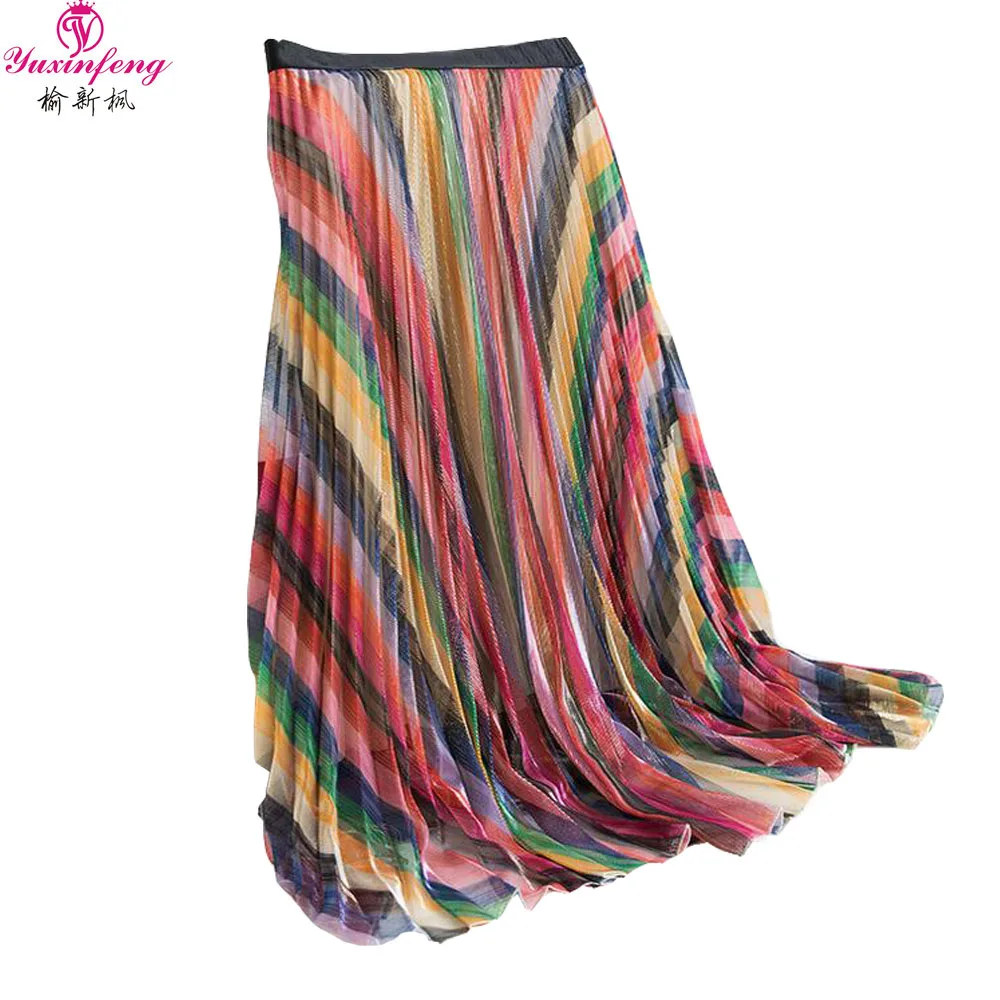 Yuxinfeng 2018 New Fashion Rainbow Skirt Women Runway Mixed Colorful