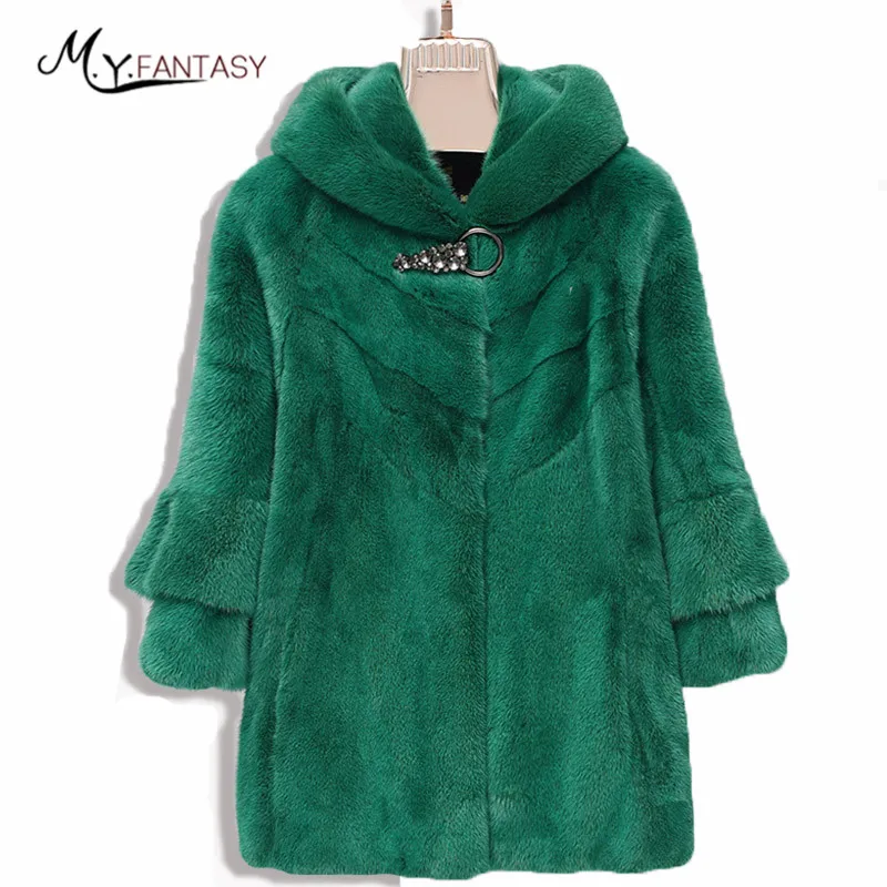 M.Y.FANSTY 2017 Shuba Winter Women's Green Fur Mink Coat Hat Real Fur