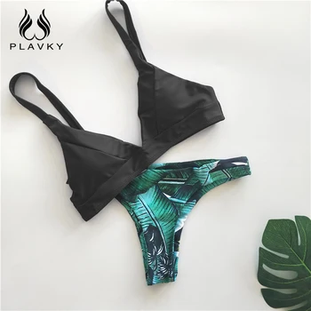 

Sexy Black Triangle Thong Brazilian Bikini Set Green Leaves Tropical 2020 Swimsuit Women Swimwear Beach Wear Swim Bathing Suit