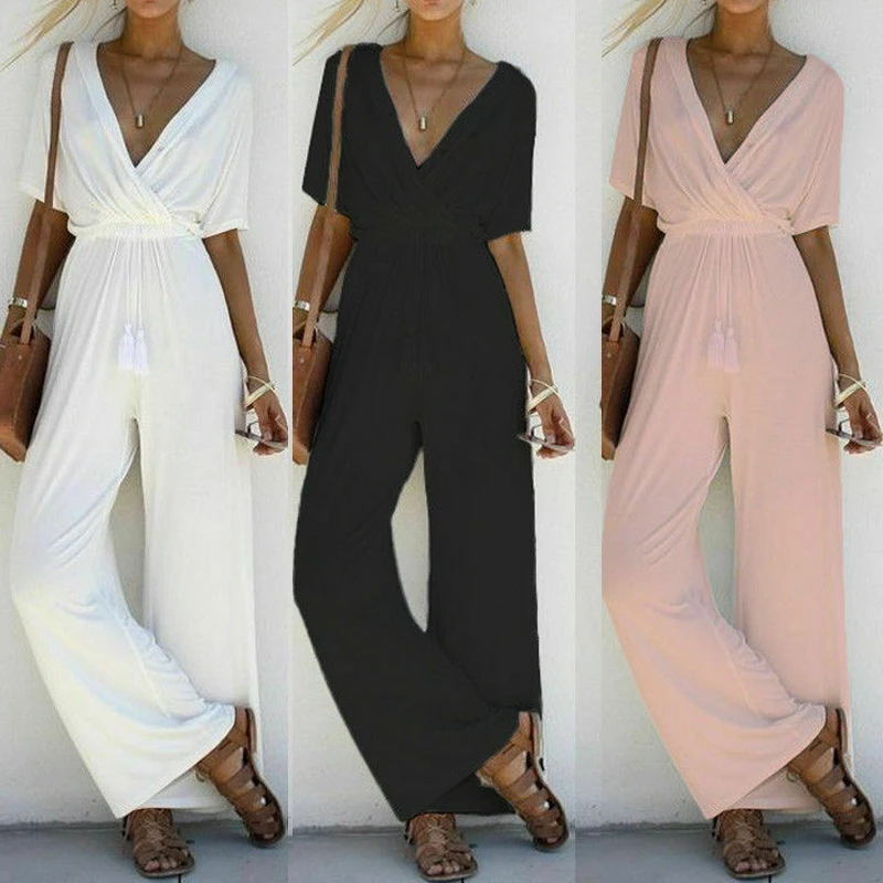 Summer Women Jumpsuit Romper Woman Short Sleeve V-Neck Casual Playsuits Overalls Ladies Wide Leg Loose Playsuits Party Overalls