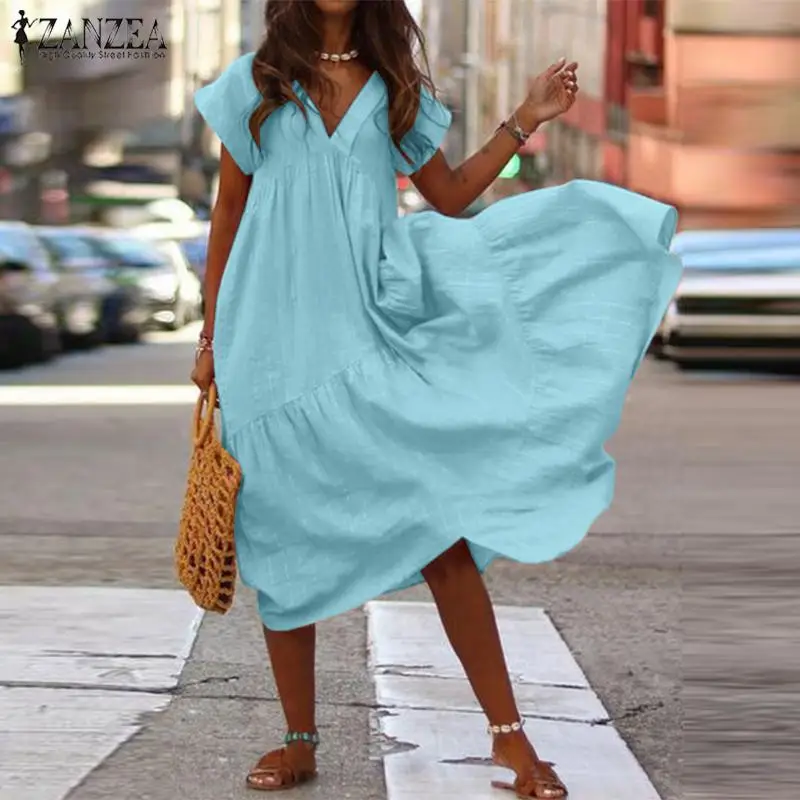 Fashion Tunic Midi Dress Women's Summer Sundress ZANZEA Sexy V Neck Asymmetrical Vestidos Female Plus Size Ruffle Robe