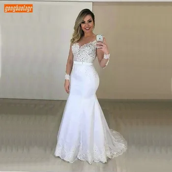 

Aristocratic Slim Fit White Mermaid Wedding Dresses Long Sleeve Wedding Gowns Tulle Appliques luscious Custom Made Bride Dress