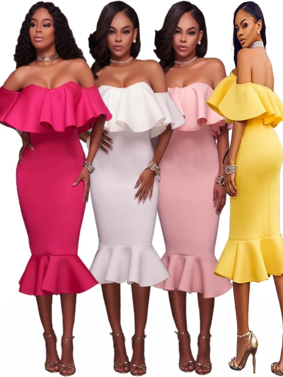 

2019 Summer Hot Sale Solid Ruffles Slash Neck Mermaid Party Dresses Cap Sleeves Zipper Back Mid Calf Fashion Bodycon Dress