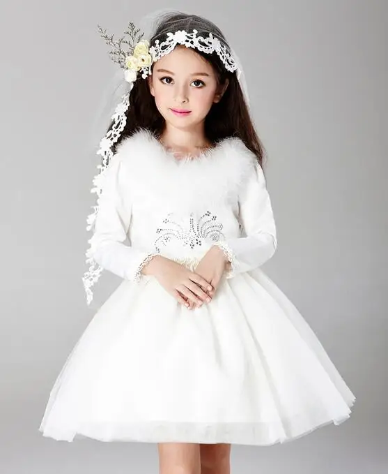 Buy Baby Girl White Wedding Dress Autumn Winter Long Sleeve Fur collar Tutu