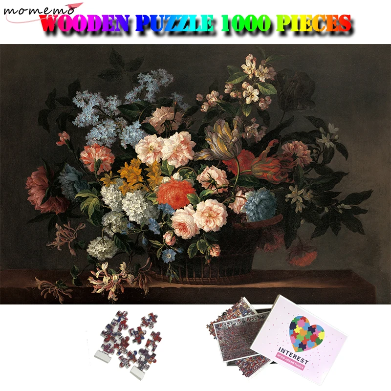 

MOMEMO Still Life with Basket of Flowers Jigsaw Puzzle Adult 1000 Pieces Wooden Puzzles Kids Oil Painting Artistic Insight Toys