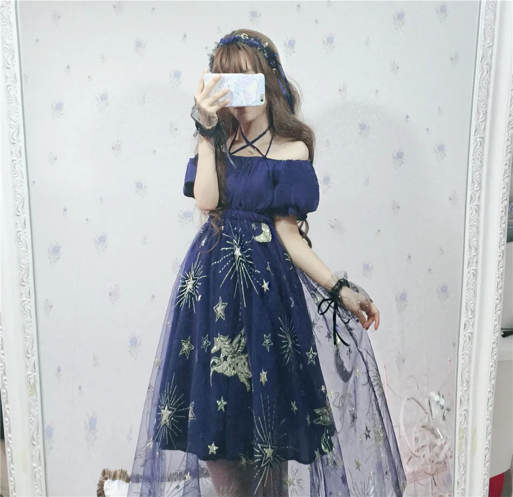 

Sweet lolita dress vintage cute hot stamping mesh slash neck puff sleeve high waist victorian dress kawaii girl gothic lolita op