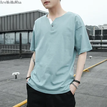 

AreMoMuWha 2019 summer retro collar embroidery short-sleeved T-shirt male trend personality half-sleeved casual T-shirt QX909