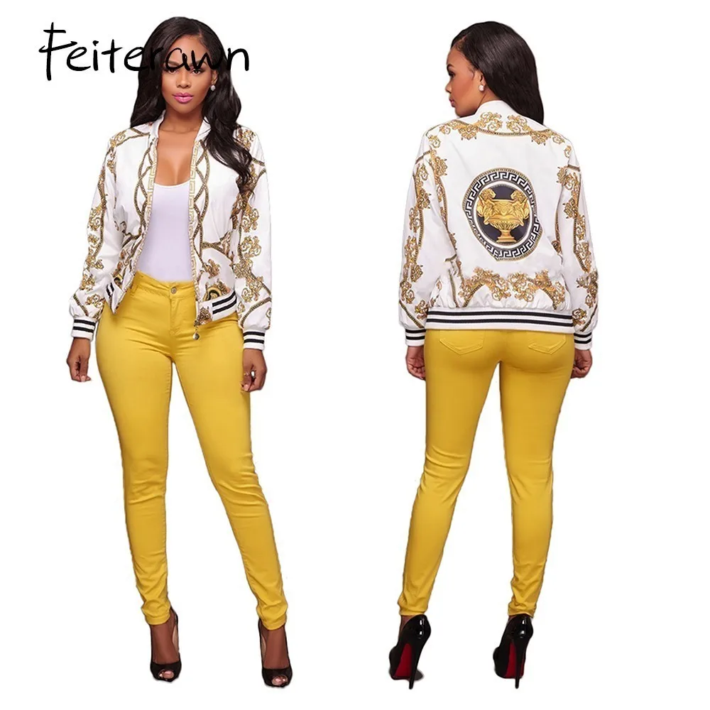 Feiterawn 2018 Autumn Winter Print Slim Jacket White Black Stand Collar Long Sleeve Fashion Jackets Women Zipper Female Tops | Женская