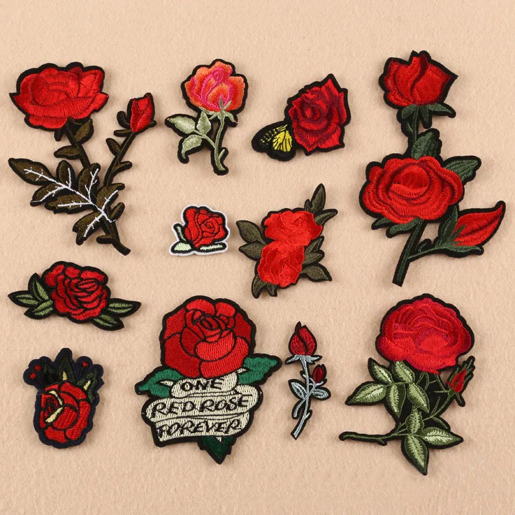

Rose Flower Patches For Clothes Iron On Embroidered Fabric Applique DIY Apparel Accessory