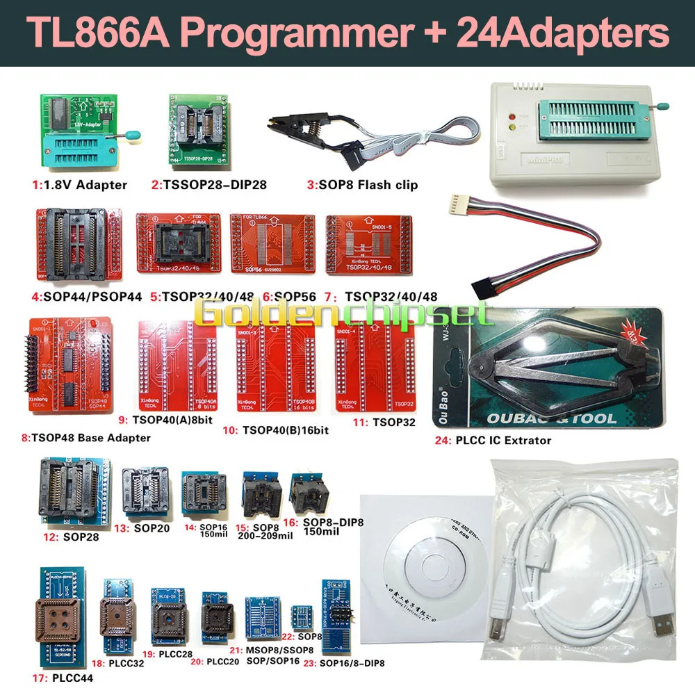 Original New TL866A Universal Minipro Programmer+24 Adapters+Test Clip+ ...