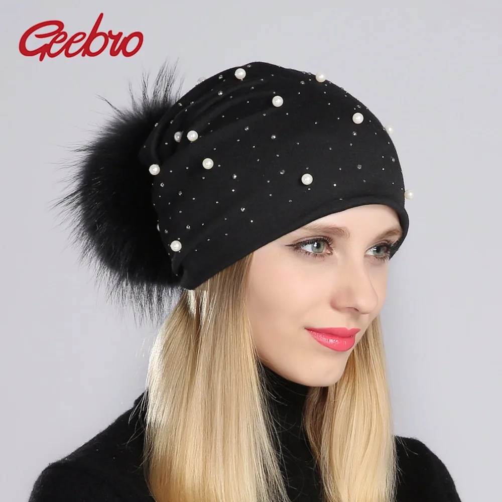 

Geebro Brand Women's Pom Pom Pearl Beanie Hat Spring Casual Polyester Shine Rhinestones Beanies For Women Skull Hats Bonnet Cap