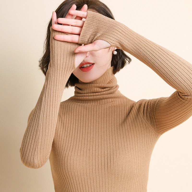 

Women Sweater Turtleneck Pullover Basic Rib Knitted Tops Solid Essential Jumper Long Sleeve Sweater With Thumb Hole Sexy Bodycon