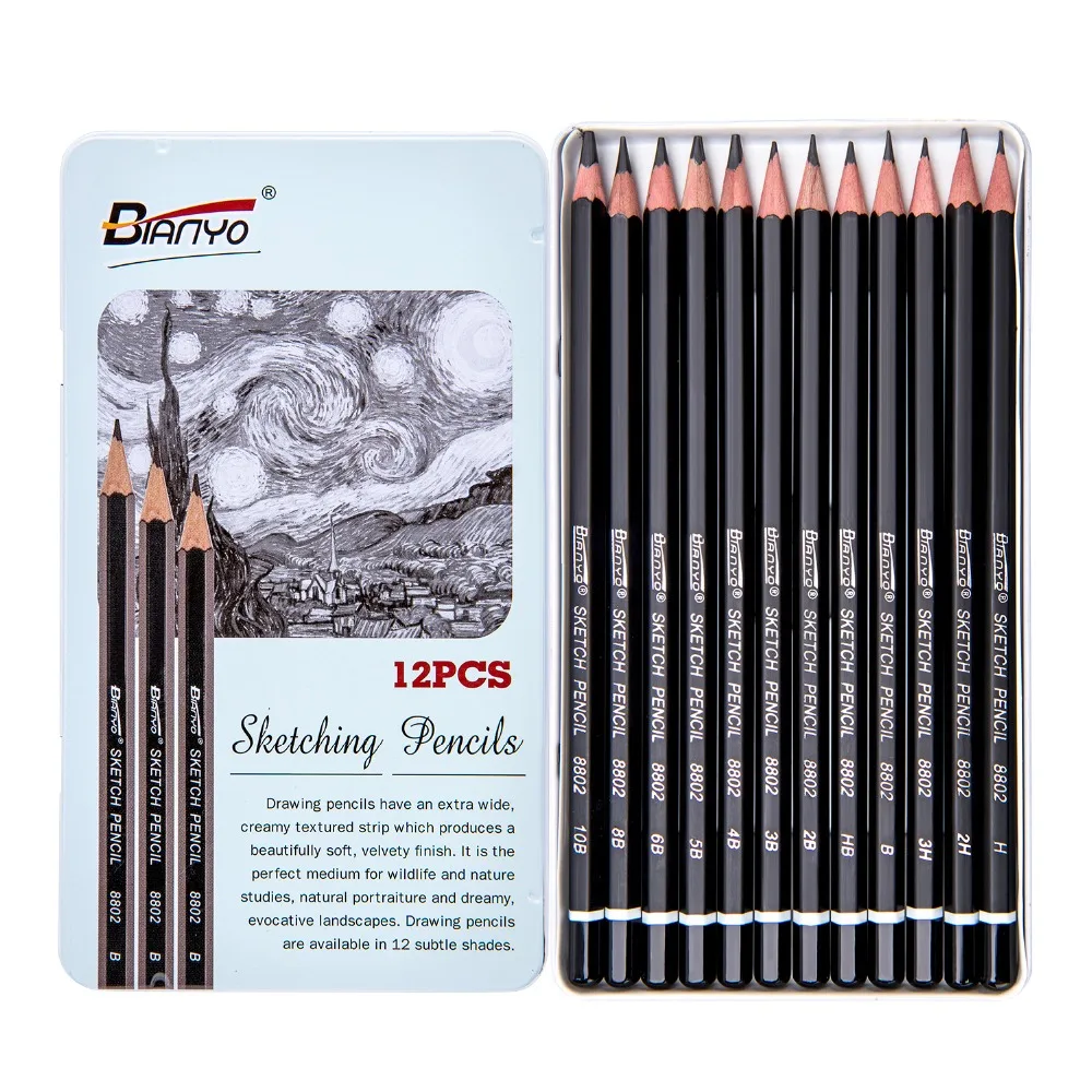

Bianyo 12/Box Sketch Standard Pencil Professional Artist Tools Simple Pencil Sets Stationery Charcoal For Drawing Office Pencils