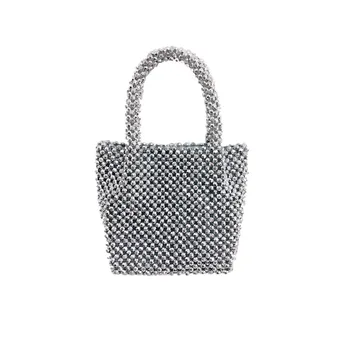 

Ins Hot Silvery Solid Color Handmade Beaded Handbag Diamond Pearl Women Tote Bag