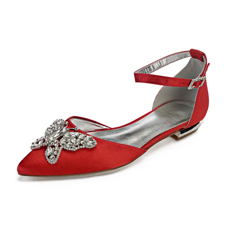 OnnPnnQ/удобная женская свадебная обувь на плоской подошве с атласными кристаллами; обувь с острым носком и ремешком на лодыжке; обувь для выпускного вечера; вечернее формальное платье - Цвет: Red 1