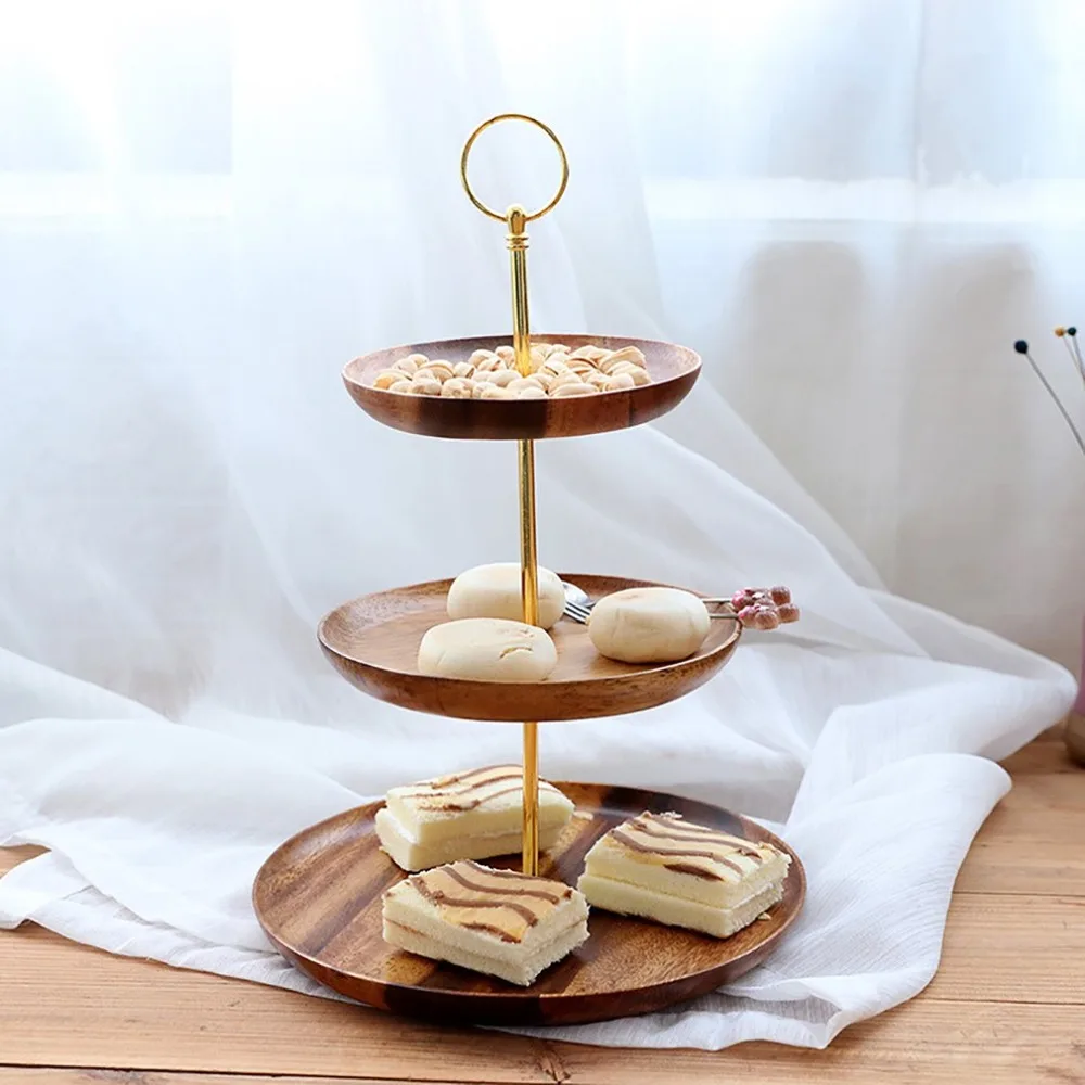 

Wooden Three Tiers Fruit Plate Multi-layer Round Snack Candy Cake Plate Home Decoration For Kitchen Fixture NEW