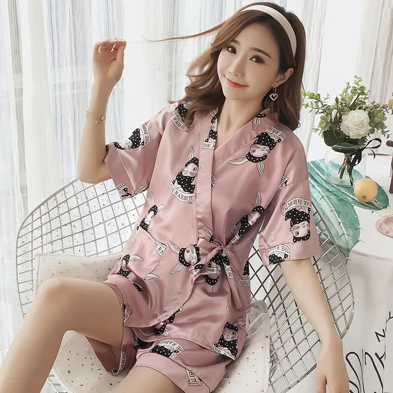 Japanese-Style Kimono Pajamas Summer Silk-like Short Sleeve Korean-Style Fresh Students Home Service Two-Piece Set Can Ou