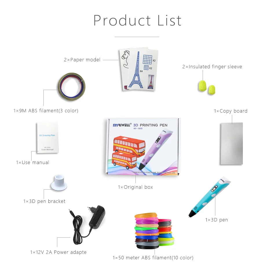 Myriwell 3D القلم 3D طابعة القلم 3D الطباعة قلم رسم مع 50 متر 10 اللون خيط ABS ماجيك صانع الفنون للطلاب هدية Myriwell 3D القلم 3D طابعة القلم 3D الطباعة قلم رسم مع 50 متر 10 اللون خيط ABS ماجيك صانع الفنون للطلاب هدية