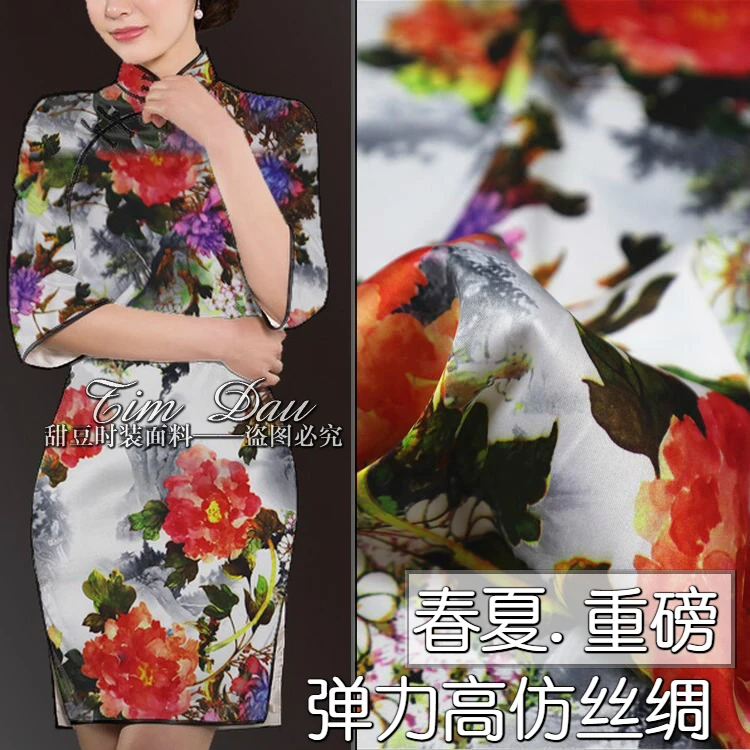

150cm retro printed fabric high imitation silk cheongsam fabric digital print dress kimono fabric material wholesale cloth