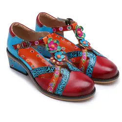 Натуральная кожа Корова полный зерна гибкие туфли-лодочки модные лакированные цветы толстый каблук женские туфли-лодочки ручной работы