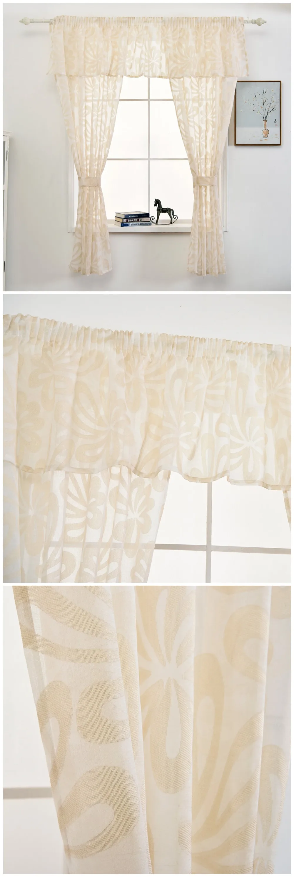 LOZUJOJU Set Tulle Curtains for Kitchen Windows Cream Color Drops with Valance Short Curtains Bounds Leaves Geometric Jacquard  (5)