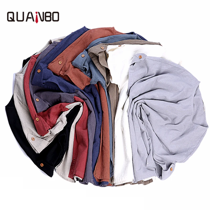 

QUANBO Brand 2018 New Arrival Summer Casual Shirts Cotton linen O-Neck Bat sleeves Design Fashion Short sleeve shirt Plus size