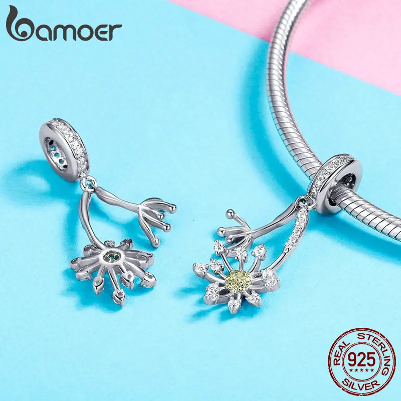 BAMOER Genuine 925 Sterling Silver Luminous Dandelion Flower Charms Pendant fit Women Bracelets Necklaces DIY Jewelry BSC052