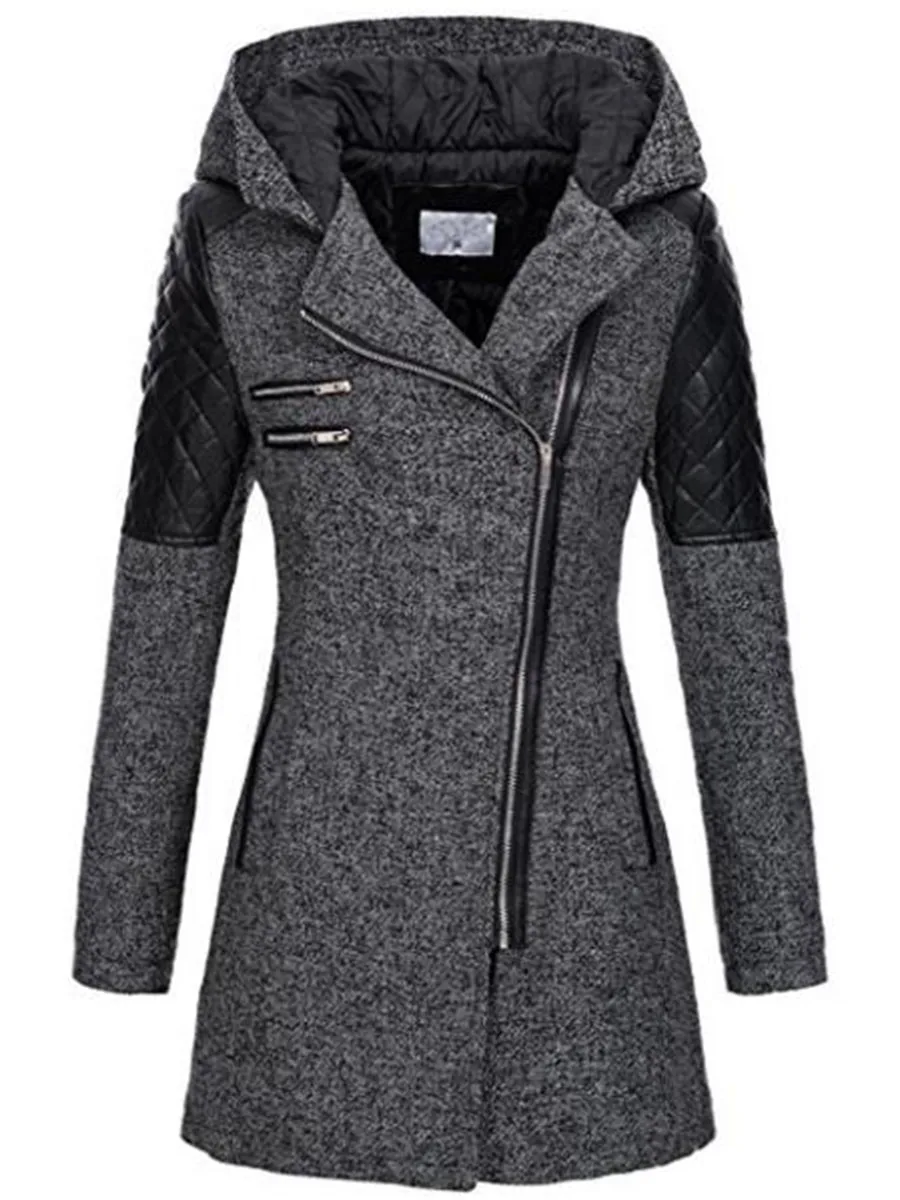 

Women Long Woolen Coat Autumn Winter Hot Stylish Patchwork Hooded Zipper Casual Overcoat England Style Ladies Elegant Outerwear