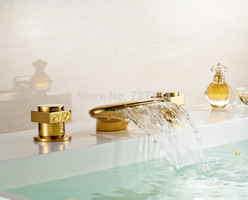

Free Shipping! Deck Mounted Waterfall Basin Faucet Golden Finish Sink Mixer Tap Dual Handles