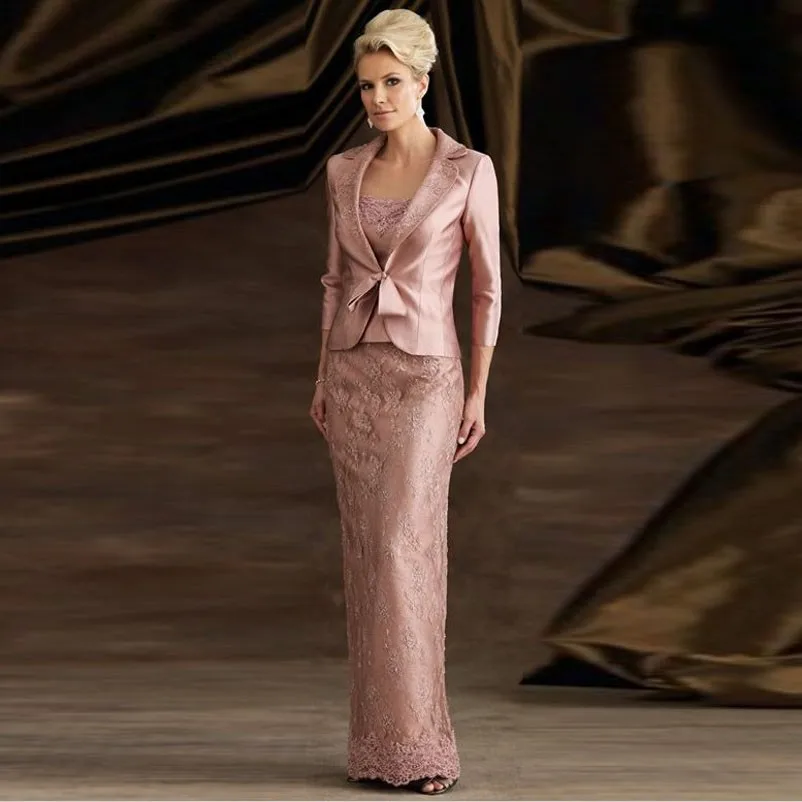 

Elegant Long Mother of the Bride Dresses With Jacket Appliques Lace Wedding Party Gowns Vestido De Madrinha Pink