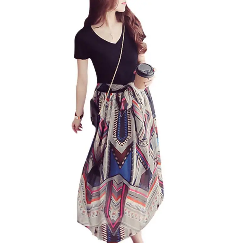 

Fashion Women Dresses Plus Size Chiffon Vestido V Neck Maxi Dresses Ladies Fake Two Piece Floral Long Dresses Newest