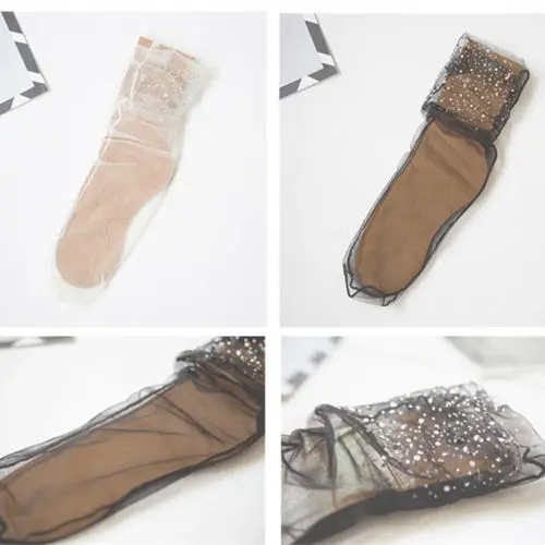 Женские прозрачные дышащие носки с серебряными бусинами в стиле пэчворк, блестящие тонкие эластичные носки в сеточку