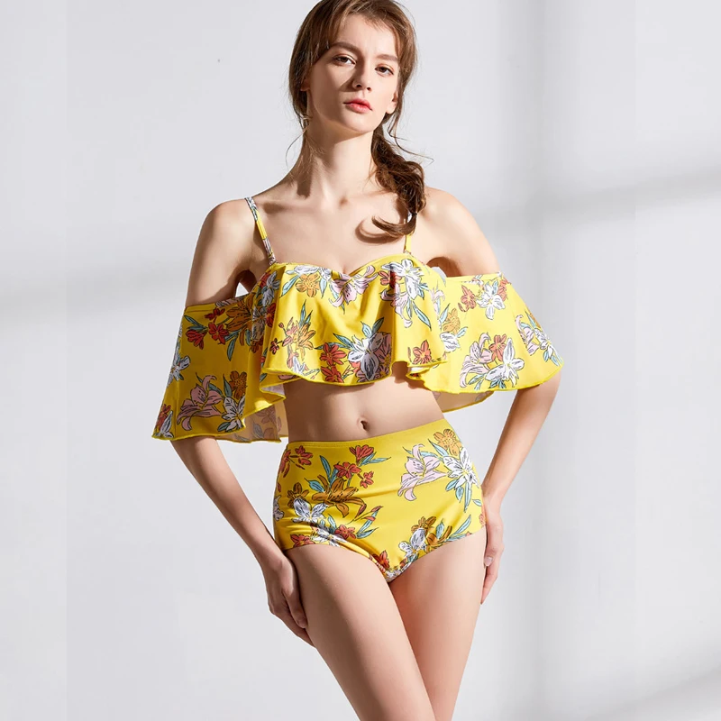 Two Piece Flounce Swimsuit Push Up Quick Dry Swimwear Women High Waist Tankini Bathing Suit Swimming For Beach Wear | Спорт и