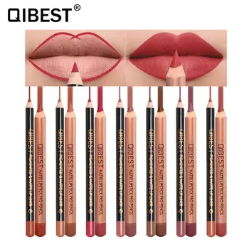 

Qibest lip makeup 2pc/set matte lipliner pencil with lipstick tattoo pen wood handle waterproof long lasting nude lipstick QB026