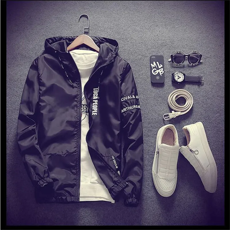 

New Fashion Hooded Jacket Men Zipper Letters Printed Thin Bomber Baseball Jacket Spring Casual Jackets Coat Men Long Sleeve 5XL