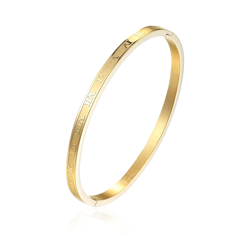 

New Arrival 4mm Wide Stainless Steel Carving Roman Numerals Gold Color Woman Bangle Lover Cuff Bangle Woman Jewelry For Gifts