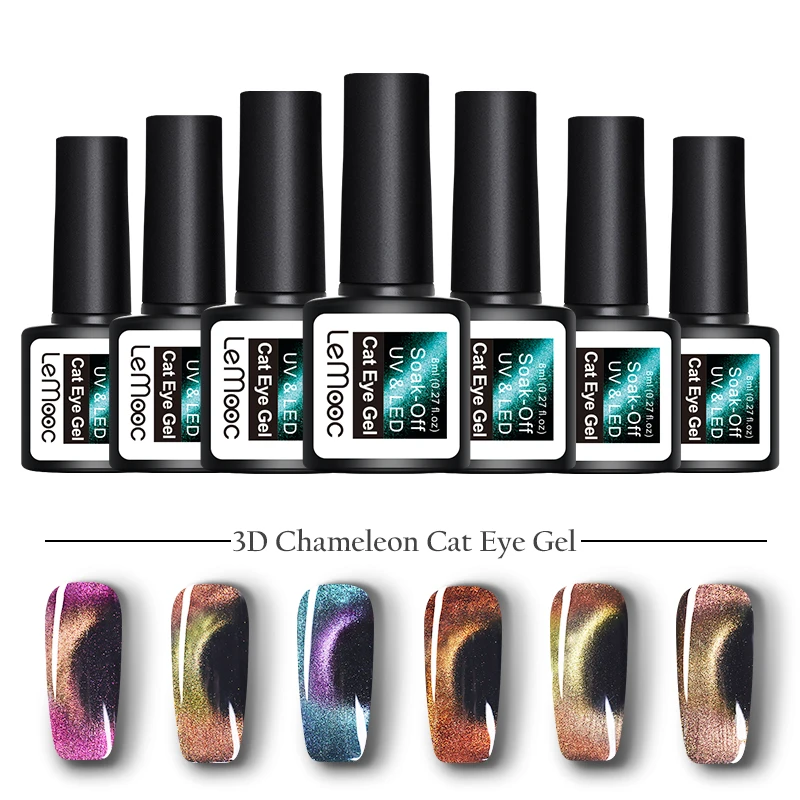 

LEMOOC 8ml 3D Chameleon Cat Eye's Gel Nail Polish UV Magnetic Soak Off UV Led Nail Gel Varnish Black Based Need