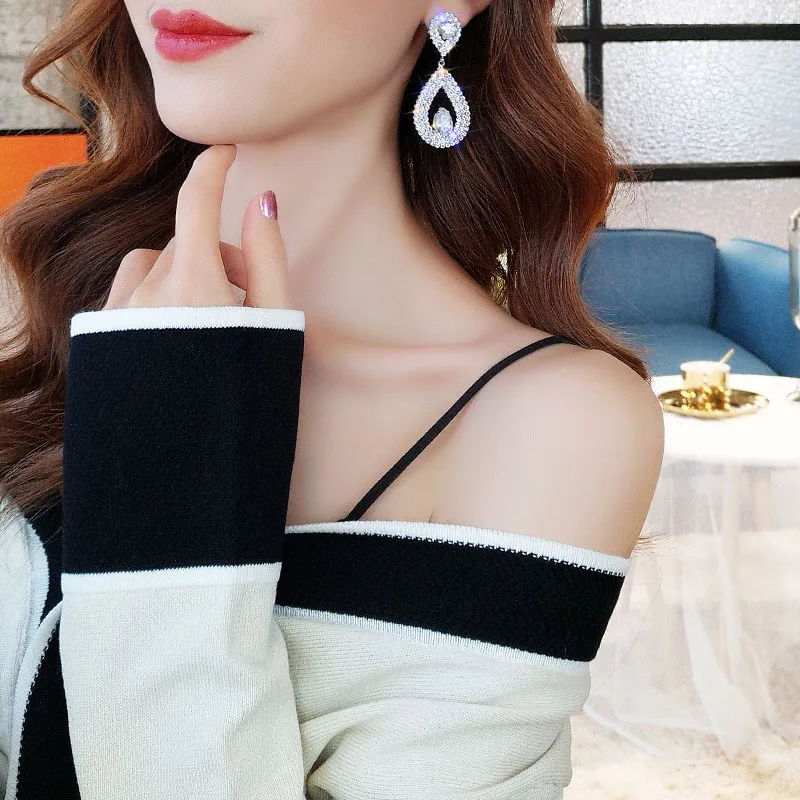 Корейский стиль серьги с кристаллами в форме капли для женщин Роскошные блестящие массивные серьги серебряные золотые вечерние серьги Модные ювелирные изделия