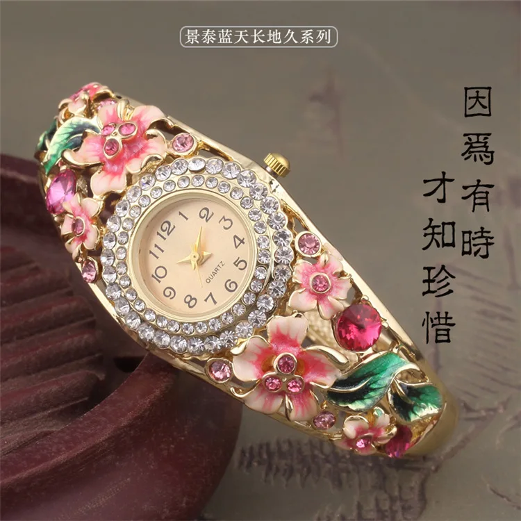 

2019 New Table Cloisonne Bracelet Watch Factory Direct Sale Crystal Gold-plated Ethnic Wind Woman Quartz