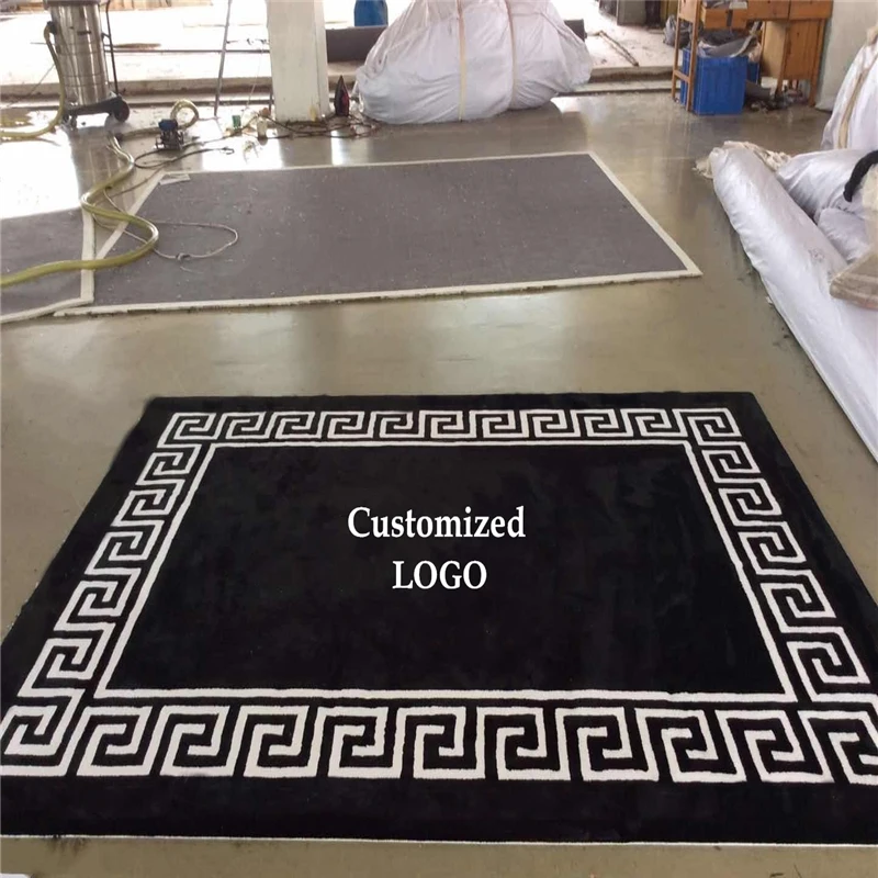 

Customized European Modern Brand Logo Black White Acrylic V Carpet Bedroom Living Room Artificial Wool Rug