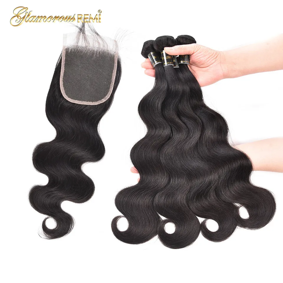 Brazilian Body Wave 4 Bundles with Lace Closures Hair Weaves 100% Human Remy Closure Extension Natural Color |