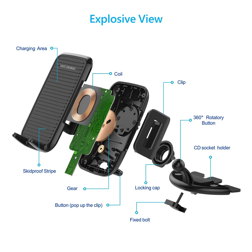 Портативное беспроводное автомобильное зарядное устройство Qi Автомобильный кронштейн для CD порта 2 в 1 дизайн Быстрая зарядка для iPhone samsung huawei Xiaomi