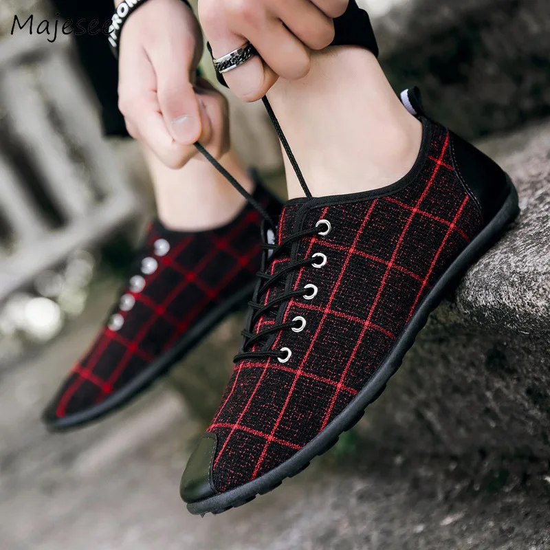 

Men's Vulcanize Shoes Breathable Canvas Lace-up Plaid Trendy Retro New Men All-match Outdoor Students Flat with Non-slip Sneaker