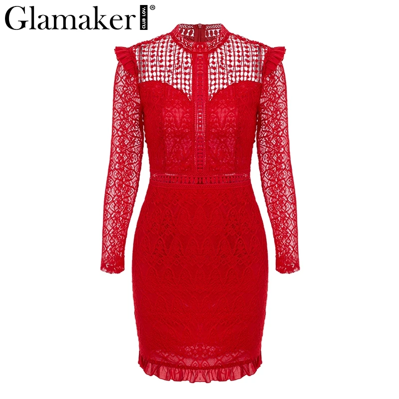 Glamaker Red ruffle hollow out lace summer dress Women vintage long sleeve short party dress Elegant sexy white bodycon dress