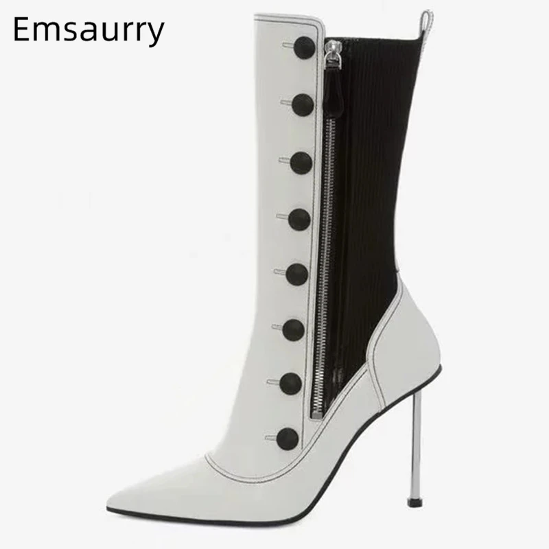 

New Autumn Genuine Leather Knight Boots Metal Thin Heel Pointed Toe Stretch Fabric Patchwork Button Ankle Boots Women