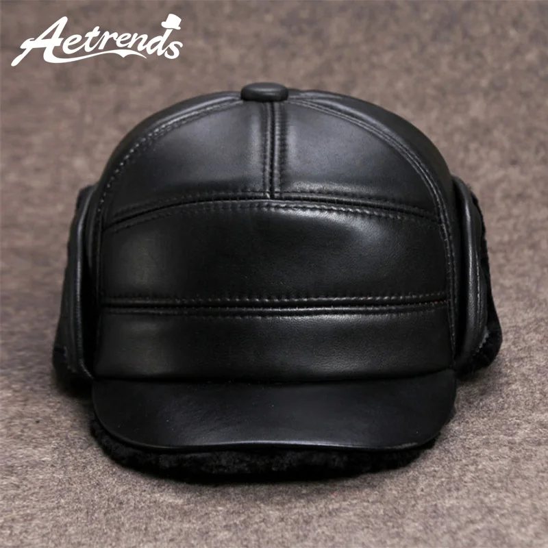 

[AETRENDS] New Winter Russia Trucker Hats for Men Genuine Leather Baseball Caps with Ears Flap Men's Cap Leather Dad Hats Z-6712