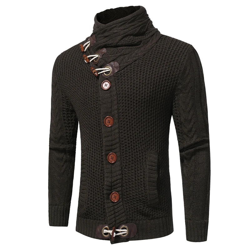 Мода Рог пряжка Повседневный свитер мужской водолазка грубая шерсть пуловеры Твист Цветок эластичный плотный свитер одежда европейский